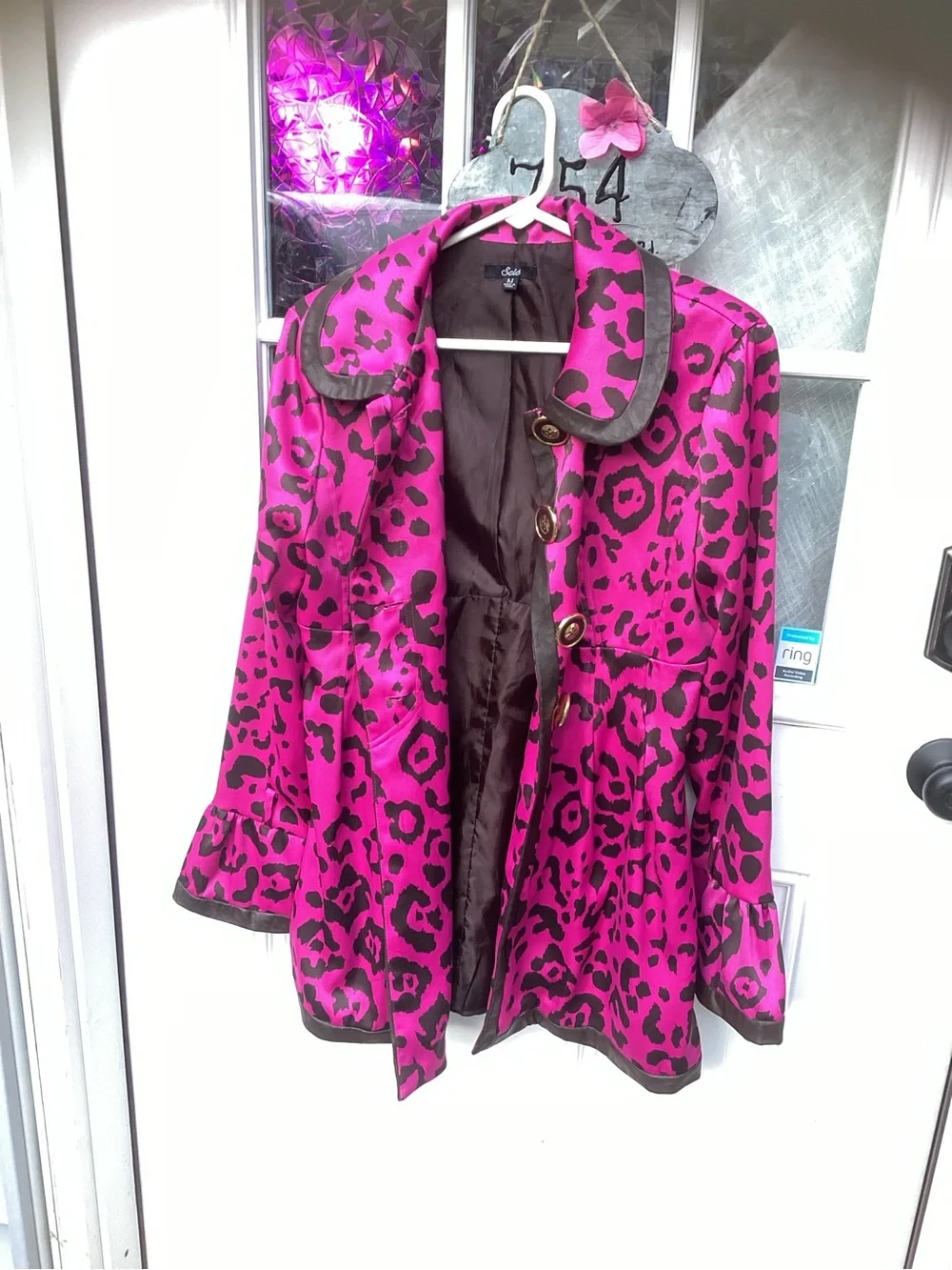 Sele Hot Pink Leopard Print Coat with Black Trim Sz. M